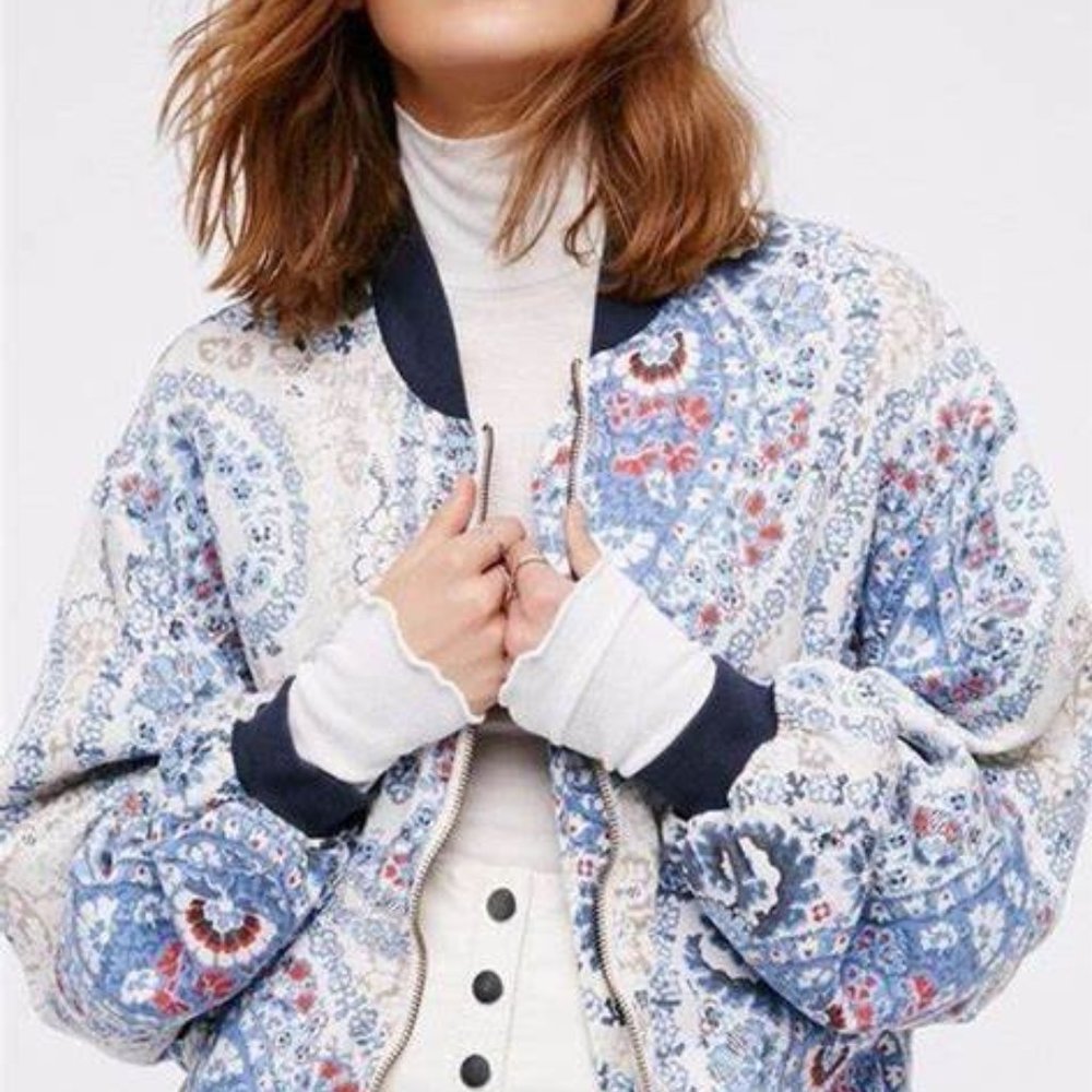 Free People Quilted Bomber Jacket- Blue Paisley Floral NWOT - Picture 2 of 11